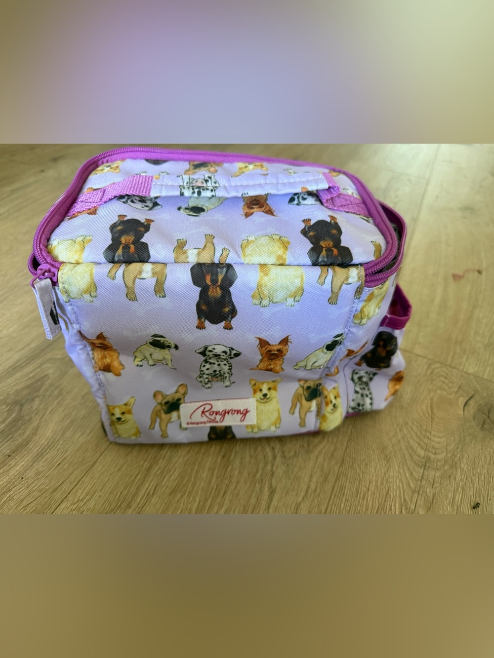 Dog Print Lilac Lunch Bag with Pink Trim